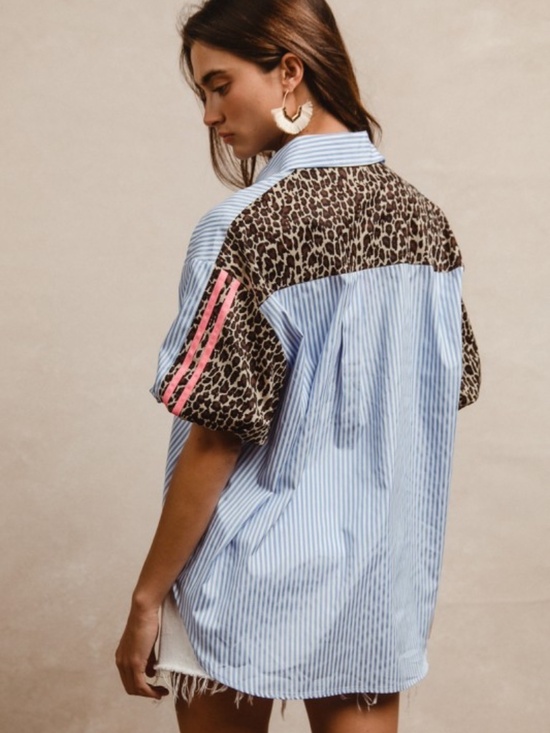 Tops - NWT Chambray Stripe Leopard Button Down Top
